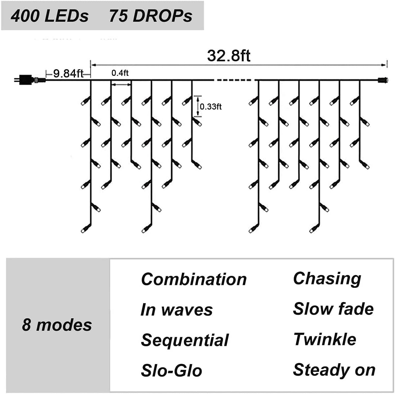 Dopheuor Icicle Fairy Lights 400LED 32.8ft 75Drops 8 Modes Waterproof String Lights for Outdoor Eaves Curtain Christmas Trees Party Decor